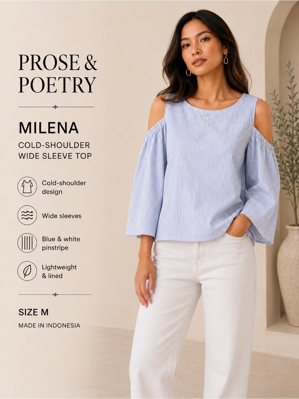 Prose & Poetry Milena Blue White Pinstripe Cold Shoulder Wide Sleeve Top M